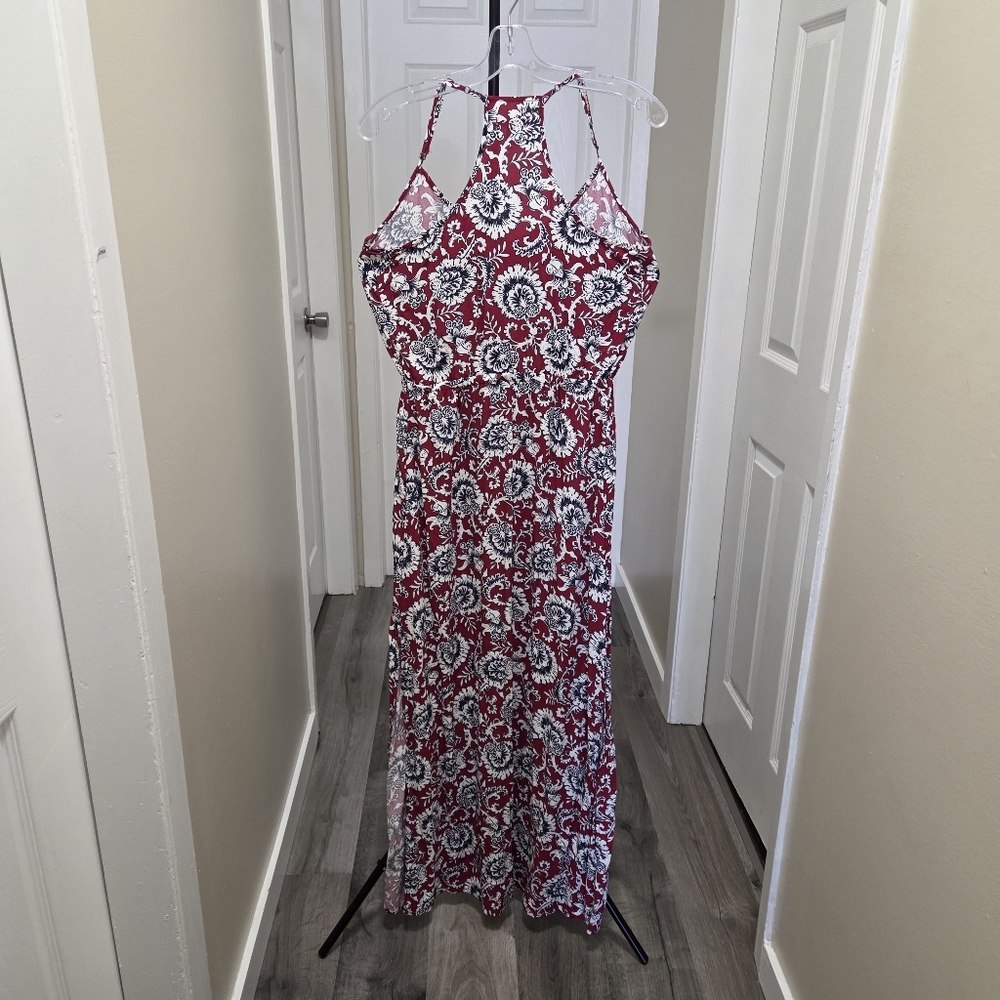 GAP Red Floral Halter Maxi Dress 100% Viscose Boho Resort Flowy Summer Vacation - Picture 7 of 10